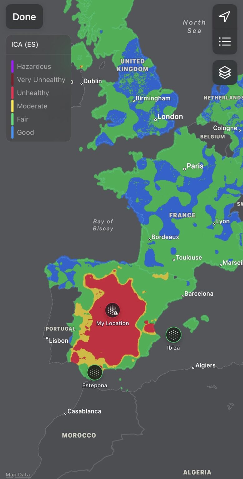 Luftverschmutzung in Zentralspanien heute