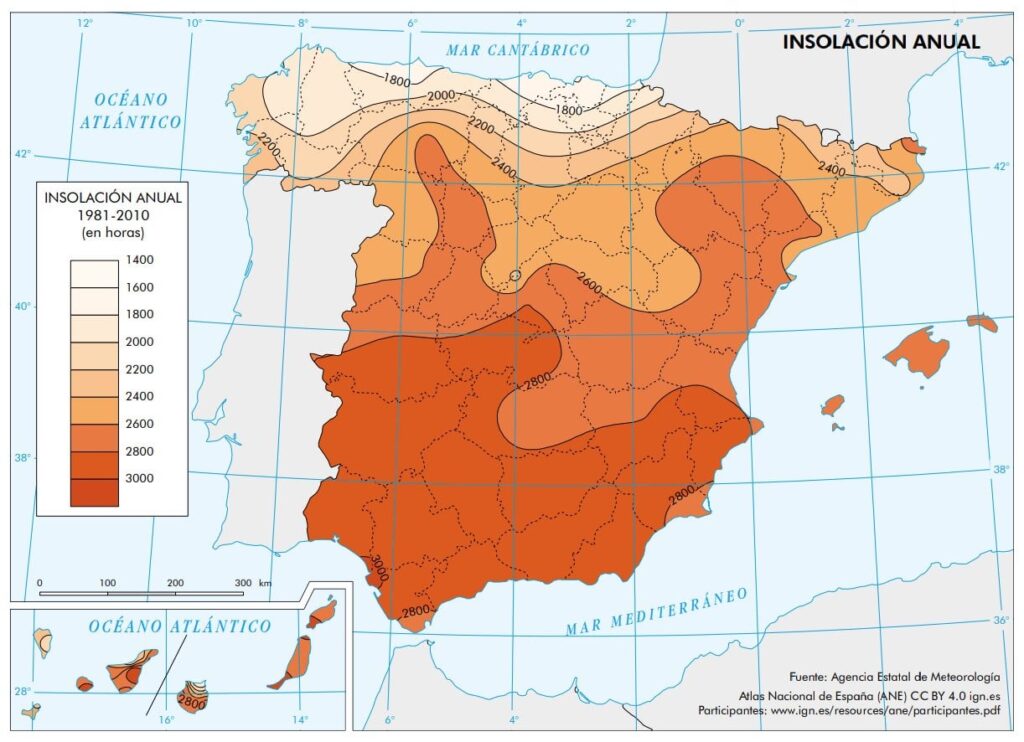 Sonnenstunden pro Jahr in Spanien (2020)