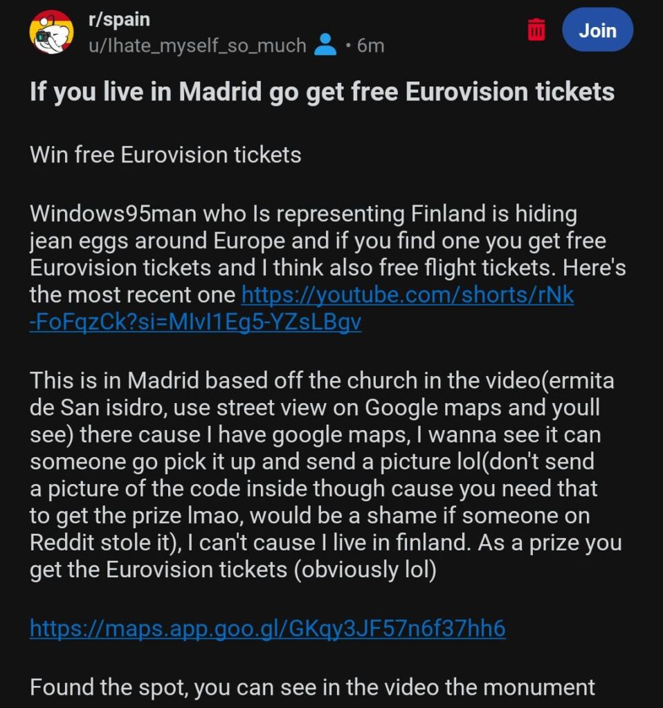 Wenn Sie in Madrid leben, holen Sie sich kostenlose Eurovision-Tickets (der Beitrag wurde in ein Bild umgewandelt, da er entfernt wurde, weil er Google-Links enthielt). Ich werde die Links in die Kommentare einfügen Wenn Sie in Madrid leben, holen Sie sich kostenlose Eurovision-Tickets (der Beitrag wurde in ein Bild umgewandelt, da er entfernt wurde, weil er Google-Links enthielt). Ich werde die Links in die Kommentare einfügen
