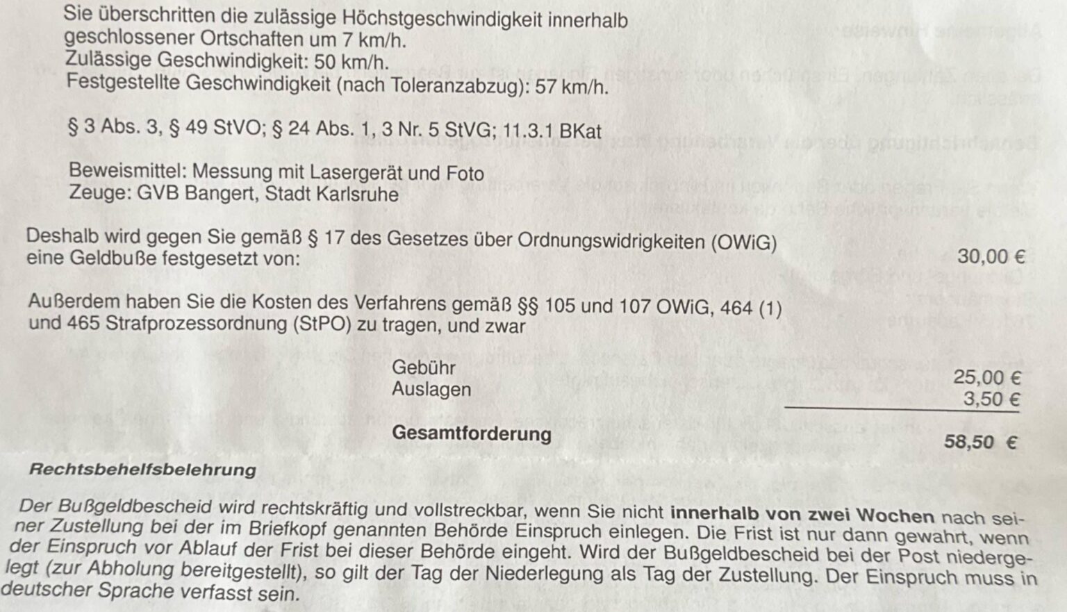 Wenn das Bußgeld 30 Euro beträgt, wofür gibt es dann die zusätzlichen 28,50 Euro?  Die Kosten für die Zusendung des Bußgeldes?