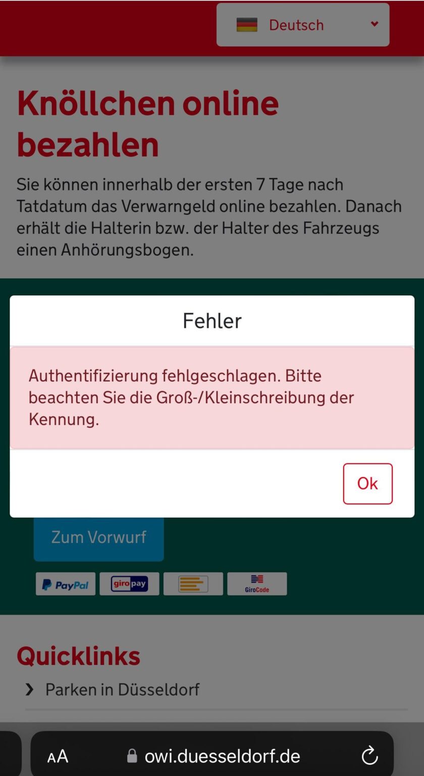 Ich habe in Düsseldorf eine Parkgebühr erhalten, aber wenn ich versuche, sie zu bezahlen, erscheint eine Fehlermeldung
