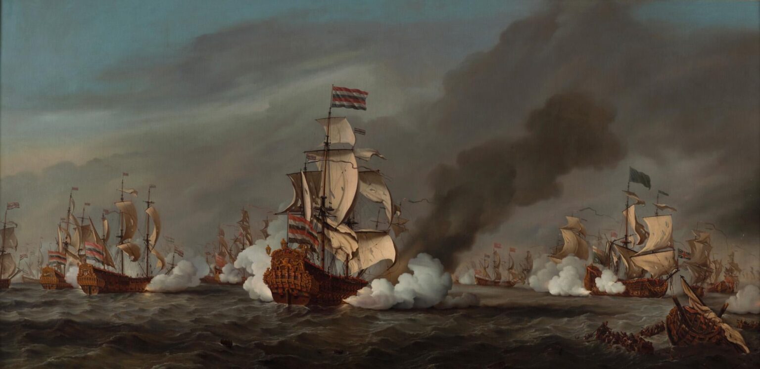 Das Flaggschiff von Cornelis Tromp während der Schlacht von Kijkduin im Jahr 1673. In dieser Schlacht gelang es Michiel de Ruyter, die viel größere kombinierte englisch-französische Flotte mit der niederländischen Flotte zu besiegen und so die Republik vor der Zerstörung zu bewahren. Das Flaggschiff von Cornelis Tromp während der Schlacht von Kijkduin im Jahr 1673. In dieser Schlacht gelang es Michiel de Ruyter, die viel größere kombinierte englisch-französische Flotte mit der niederländischen Flotte zu besiegen und so die Republik vor der Zerstörung zu bewahren.