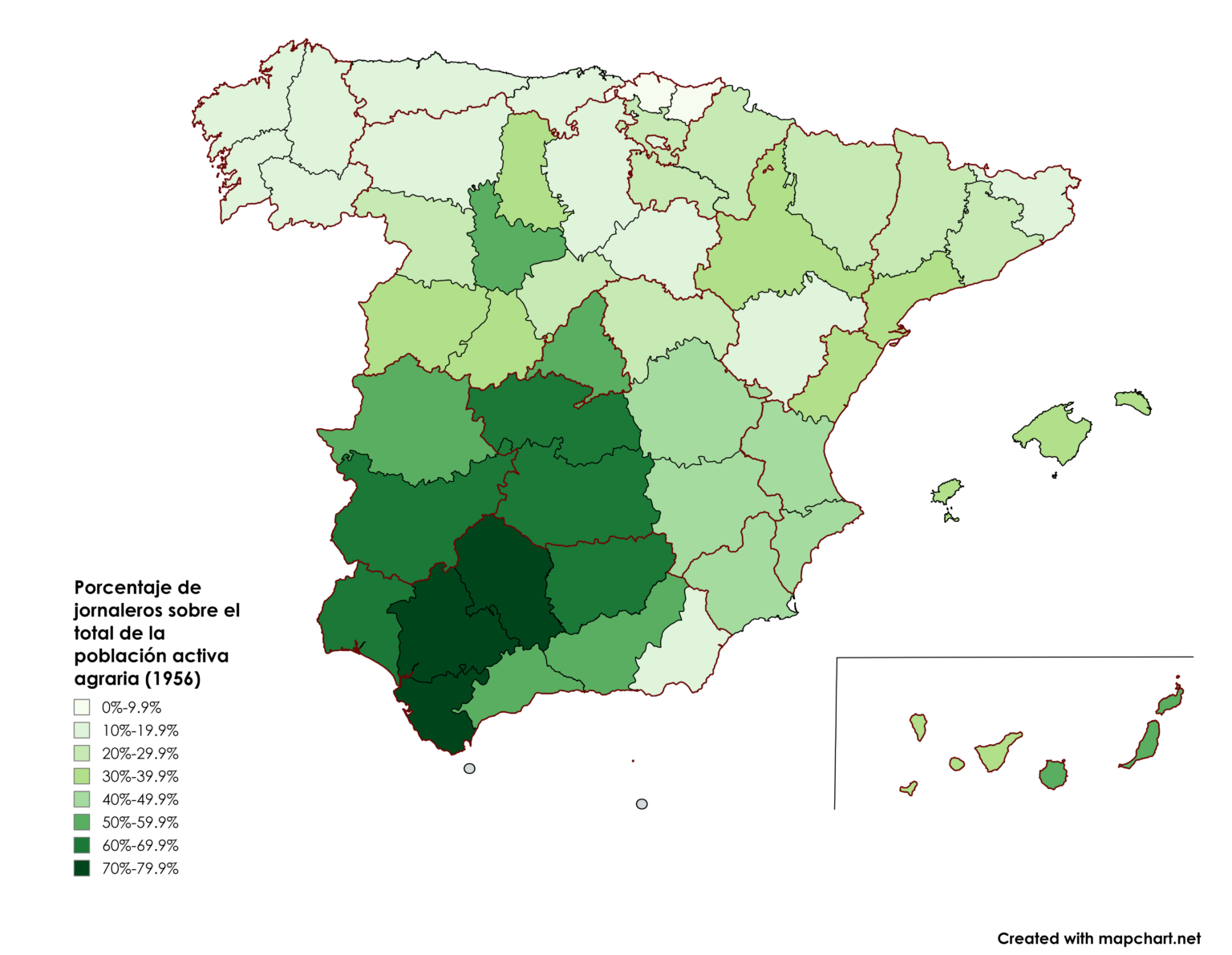 Prozentsatz der Tagelöhner an der aktiven landwirtschaftlichen Bevölkerung (1956) Quelle: Nationaleinkommen Spaniens und seine Provinzverteilung 1957 unter Berufung auf die Landwirtschaftsumfrage von 1956