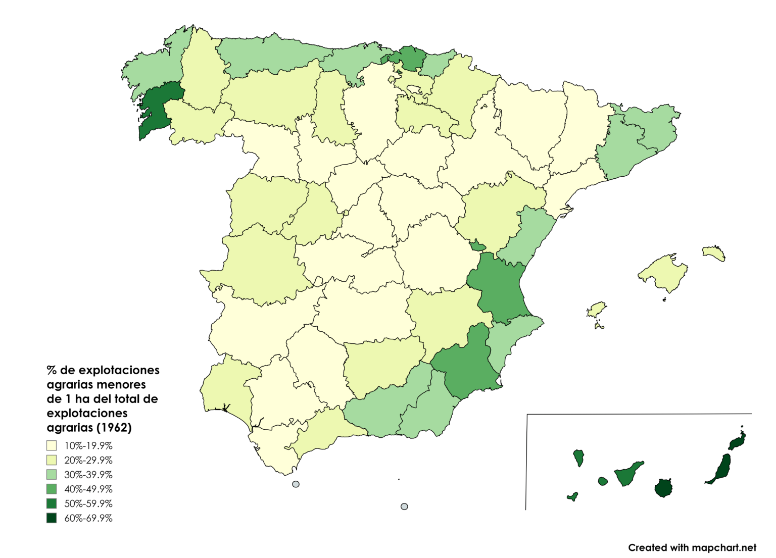 Anteil der landwirtschaftlichen Betriebe mit weniger als 1 ha an der Gesamtzahl der landwirtschaftlichen Betriebe (1962) Quelle: INE, Erste Landwirtschaftszählung Spaniens.  Jahr 1962
