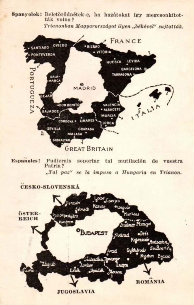 Ungarische Propaganda nach dem Ersten Weltkrieg, Kritik am Vertrag von Trianon, der große Teile Ungarns wegnahm, und Vergleich mit Spanien.