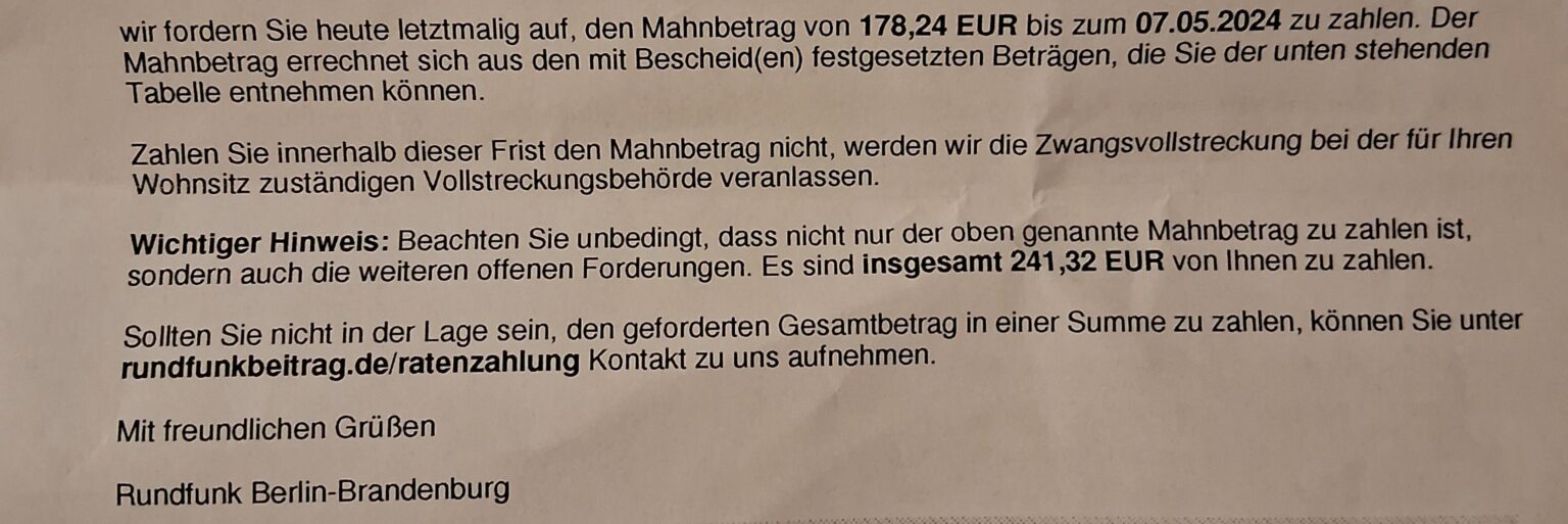 Ard Zdf fordert mich zur doppelten Zahlung auf. Schickte mir ein letztes „letztes“ Warnschreiben. Was soll ich machen? Ard Zdf fordert mich zur doppelten Zahlung auf. Schickte mir ein letztes „letztes“ Warnschreiben. Was soll ich machen?