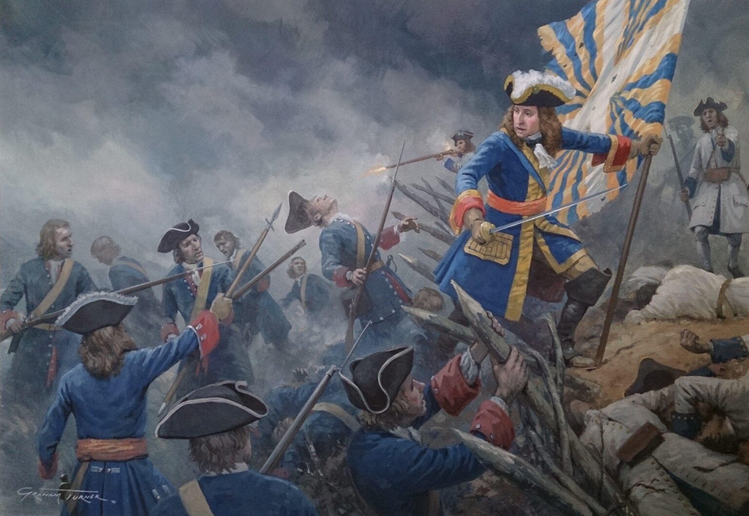 Der Prinz von Oranien führt seine Truppen während eines Angriffs auf die französischen Stellungen bei Malplaquet im Jahr 1709 an. Mit mehr als 10.000 niederländischen Toten und Verwundeten ist es die blutigste Schlacht in der niederländischen Militärgeschichte. Dennoch war es ein Sieg. Der Prinz von Oranien führt seine Truppen während eines Angriffs auf die französischen Stellungen bei Malplaquet im Jahr 1709 an. Mit mehr als 10.000 niederländischen Toten und Verwundeten ist es die blutigste Schlacht in der niederländischen Militärgeschichte. Dennoch war es ein Sieg.