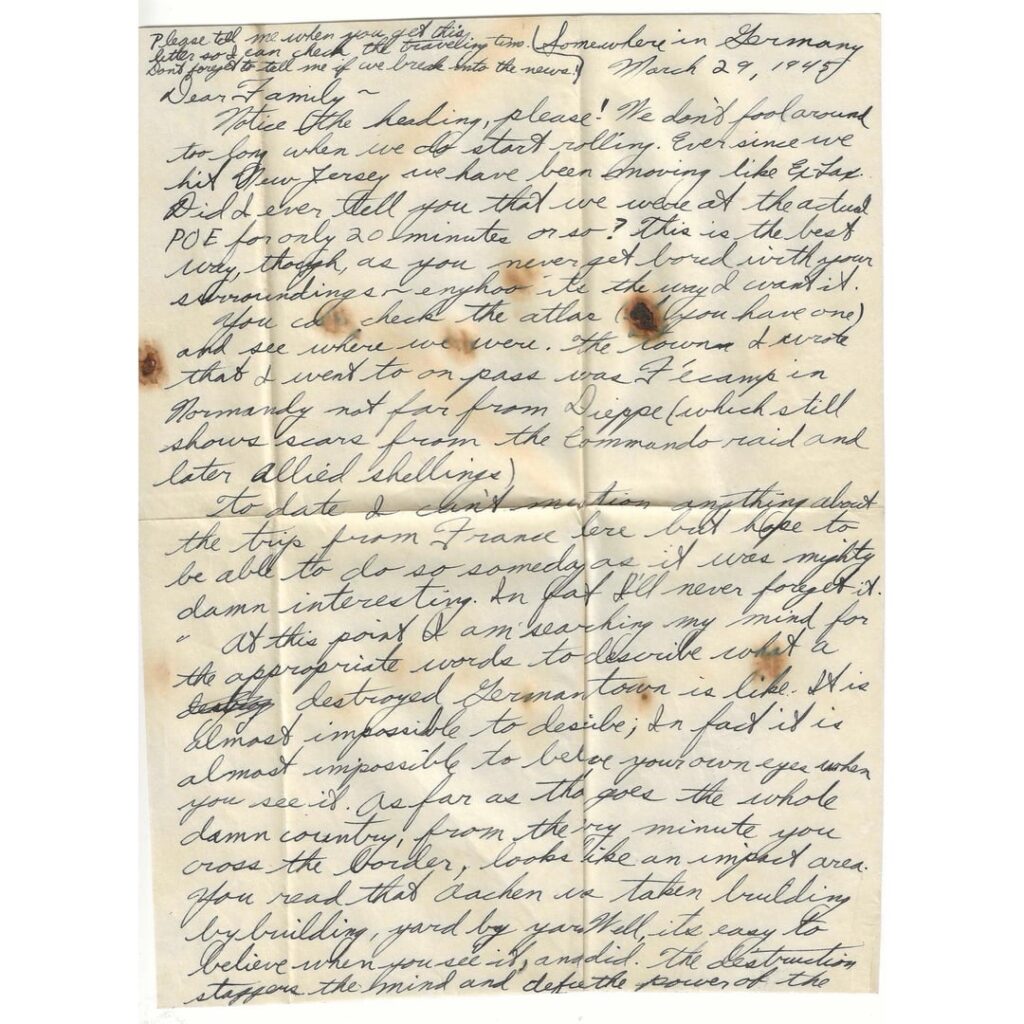 Brief aus der Zeit des Zweiten Weltkriegs, geschrieben von einem US-Soldaten.  Er schreibt über die überwältigende Zerstörung in Deutschland und mehr.  Details in den Kommentaren.
