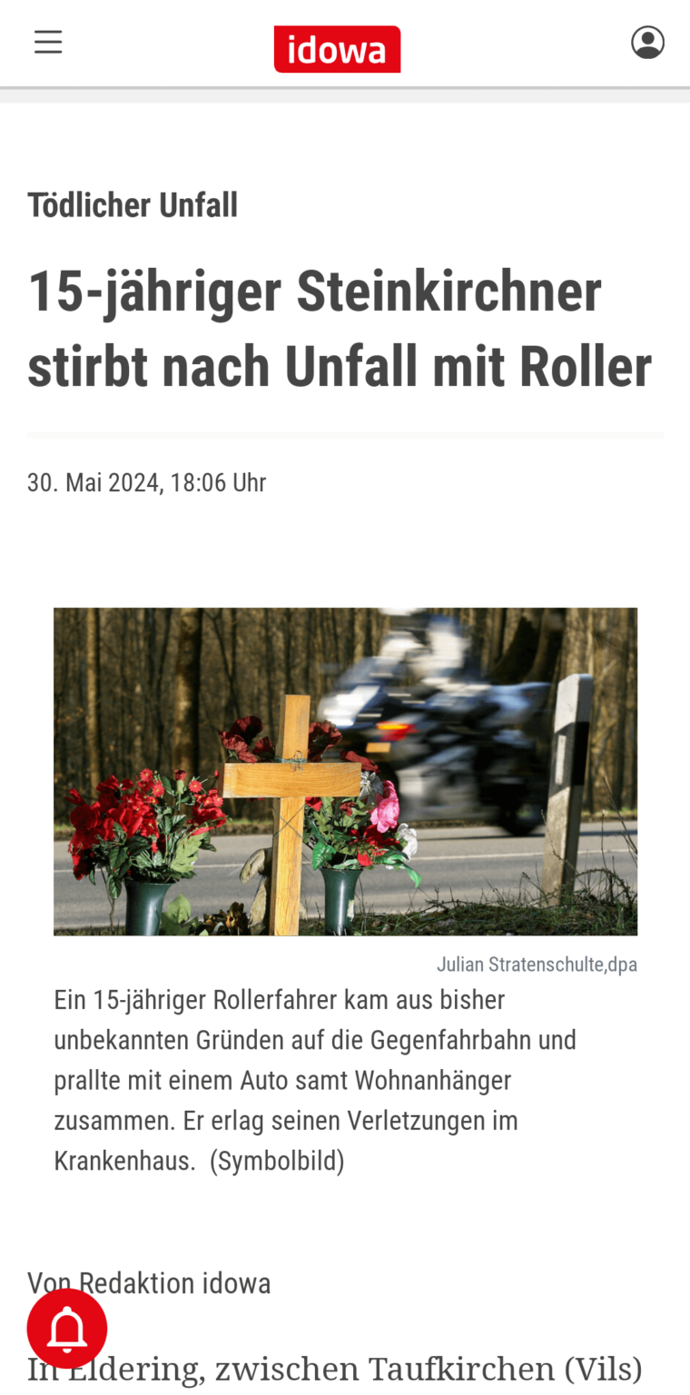 15-jähriger Steinkirchner stirbt nach Unfall mit Roller (30.05.2024)
