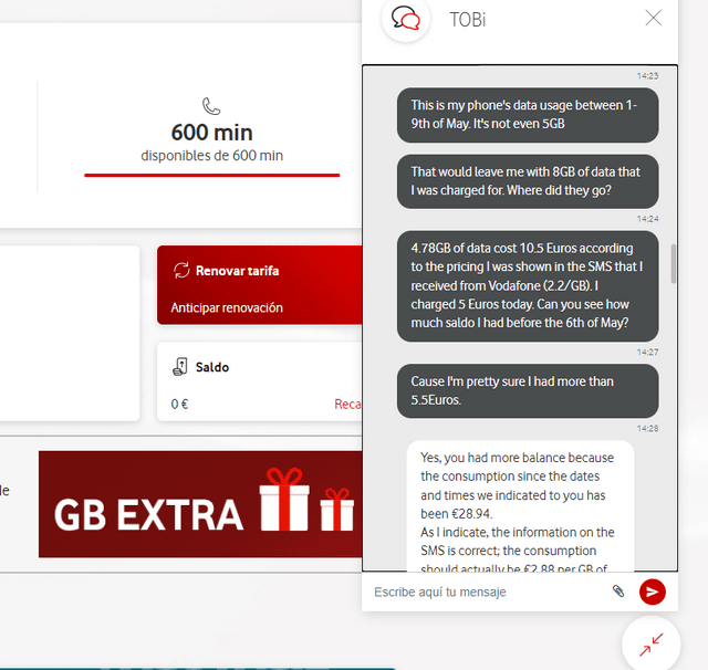 Vodafone Spanien betrügt seine Nutzer mit EU-Roaming-Preisen und berechnet ihnen 61 Euro/GB statt der angegebenen 2,18 Euro/GB.  Bieten Sie 15 % (1,5 EUR) Entschädigung an.
