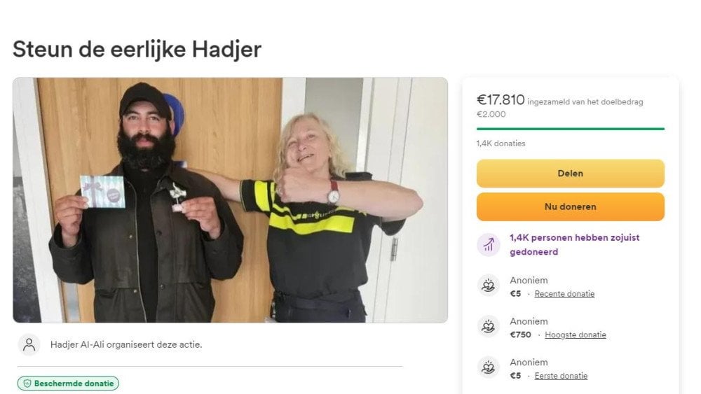 Hat bereits zwanzigtausend Euro für den Obdachlosen Hadjer (33) gesammelt, der sein Portemonnaie zurückgegeben hat Hat bereits zwanzigtausend Euro für den Obdachlosen Hadjer (33) gesammelt, der sein Portemonnaie zurückgegeben hat