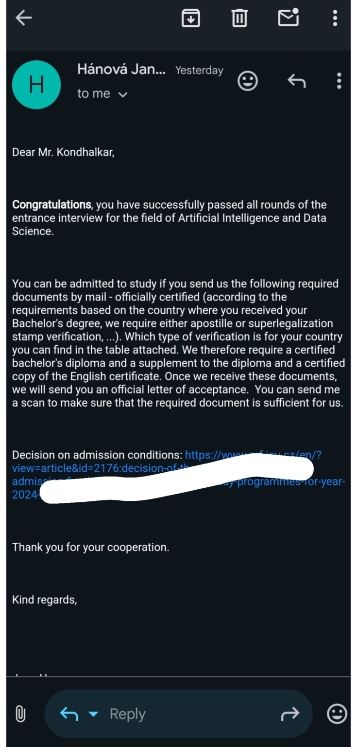 Ich wurde von der Südböhmischen Universität České Budějovice und der TH Deggendorf zum gemeinsamen Studiengang für künstliche Intelligenz und Datenwissenschaft zugelassen. Ich wurde von der Südböhmischen Universität České Budějovice und der TH Deggendorf zum gemeinsamen Studiengang für künstliche Intelligenz und Datenwissenschaft zugelassen.