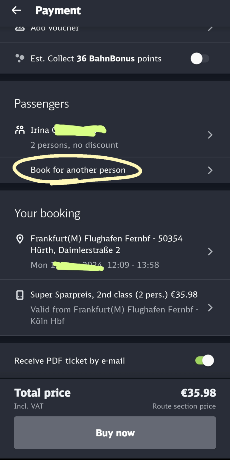 Muss ich bei der Buchung von Zugfahrkarten über den DB Navigator einen weiteren Passagier hinzufügen und dessen Namen eingeben, obwohl ich am Anfang 2 ausgewählt habe?