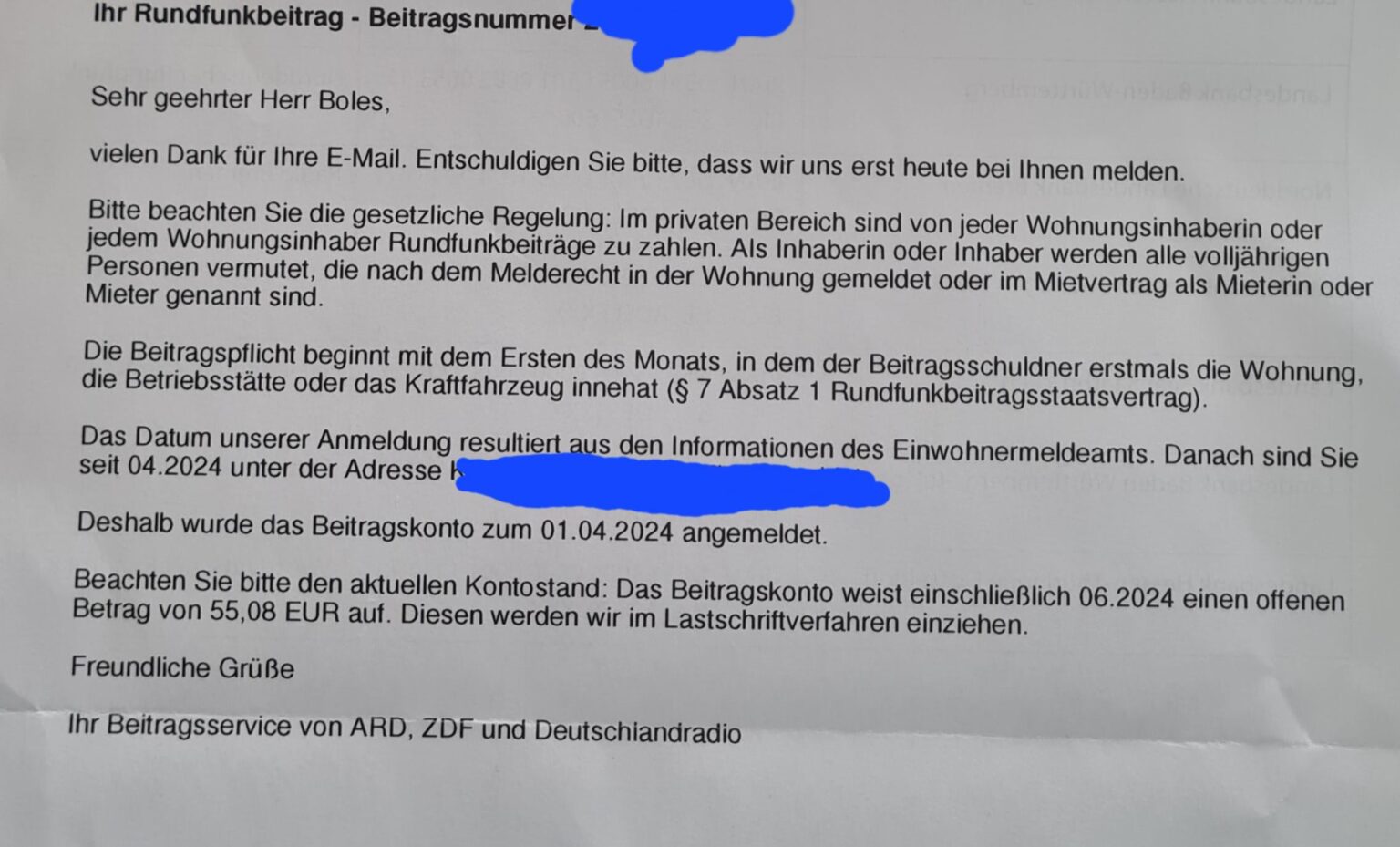Ich habe mich 1 Monat später für den Rundfunkbeitrag angemeldet Ich habe mich 1 Monat später für den Rundfunkbeitrag angemeldet