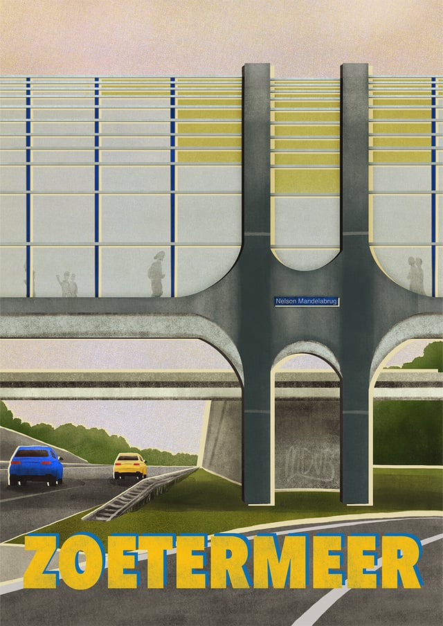 Die Mandela-Brücke, mein zweites Zoetermeer-Reiseplakat.  Außerdem noch einmal das zuvor geteilte Poster, inklusive Klingen, die sich in die richtige Richtung drehen :)