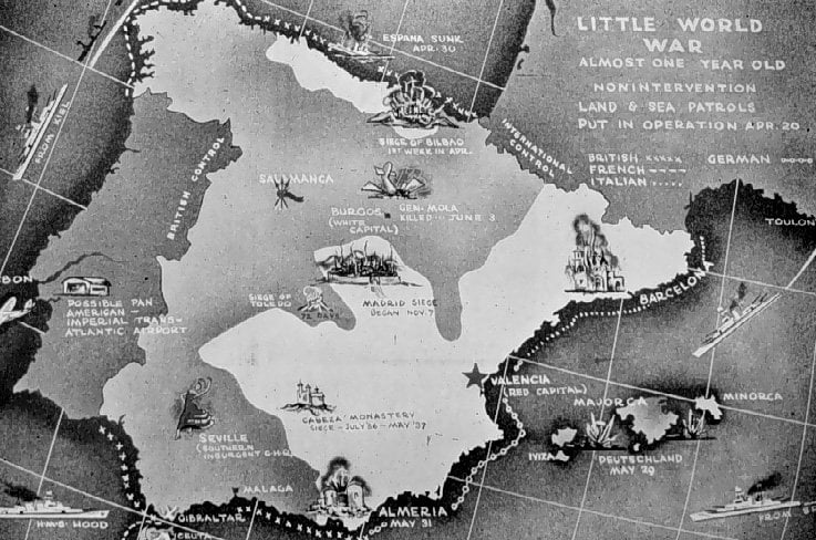 Ein kleiner Weltkrieg – Eine 1937 in angelsächsischen Medien veröffentlichte Karte über die Situation des Bürgerkriegs in Spanien.