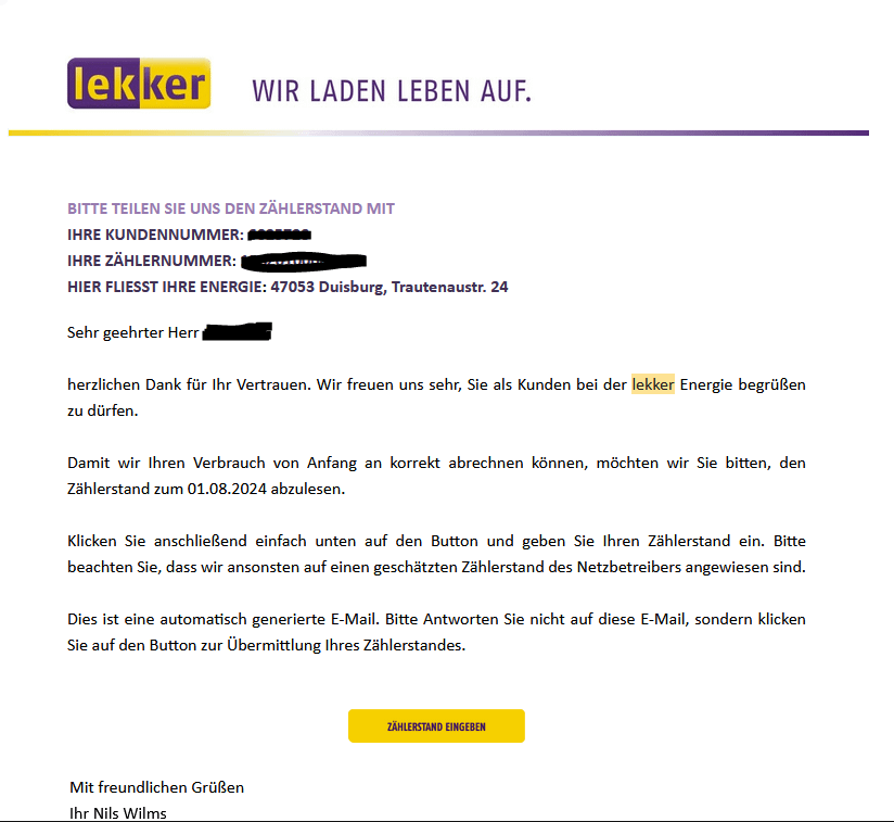 Ich habe noch nie in Deutschland gelebt und habe trotzdem ein Stromrechnungskonto bei Lekker?