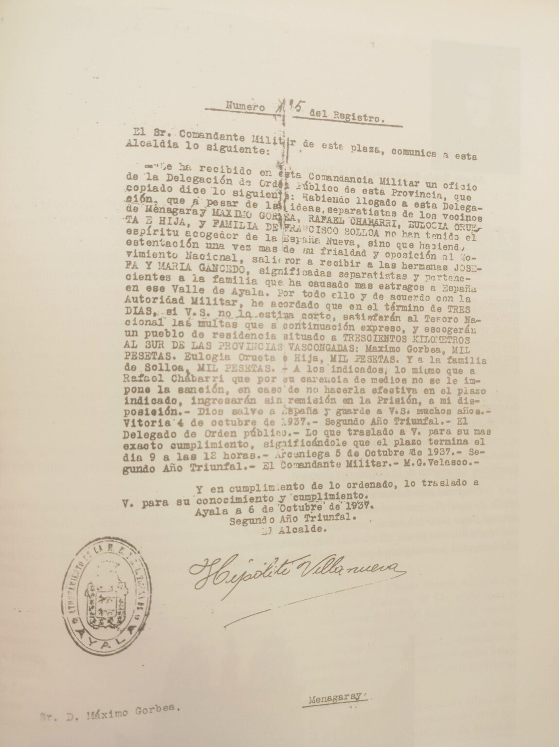 Im Bürgerkrieg wurden viele Familien von den Rebellen, die die Spanische Republik stürzten, mit der Verbannung bestraft. Dies war der Fall der Bewohner der kleinen Stadt Menagarai in Araba im Baskenland. Dies ist der Ausweisungsbefehl. Im Bürgerkrieg wurden viele Familien von den Rebellen, die die Spanische Republik stürzten, mit der Verbannung bestraft. Dies war der Fall der Bewohner der kleinen Stadt Menagarai in Araba im Baskenland. Dies ist der Ausweisungsbefehl.