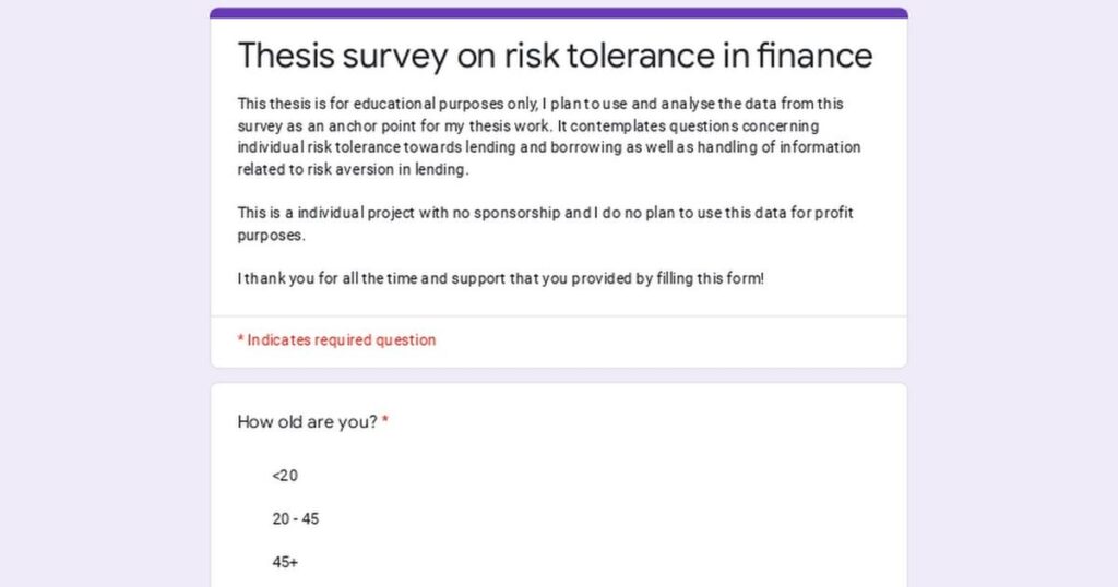 Hallo zusammen! Ich bin in meinem letzten Jahr an der Hanze University of Groningen und arbeite an einer Abschlussarbeit über die individuelle Risikobereitschaft im Bereich der persönlichen Finanzen. Könnten Sie bitte dieses Formular ausfüllen, um mir beim Abschluss meines Studiums zu helfen? Vielen Dank! Hallo zusammen! Ich bin in meinem letzten Jahr an der Hanze University of Groningen und arbeite an einer Abschlussarbeit über die individuelle Risikobereitschaft im Bereich der persönlichen Finanzen. Könnten Sie bitte dieses Formular ausfüllen, um mir beim Abschluss meines Studiums zu helfen? Vielen Dank!