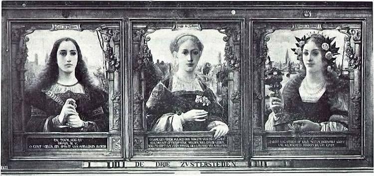„Die drei Schwesterstädte“ Gent, Brügge und Antwerpen, dargestellt als drei Schwestern von Edmond Van Hove.