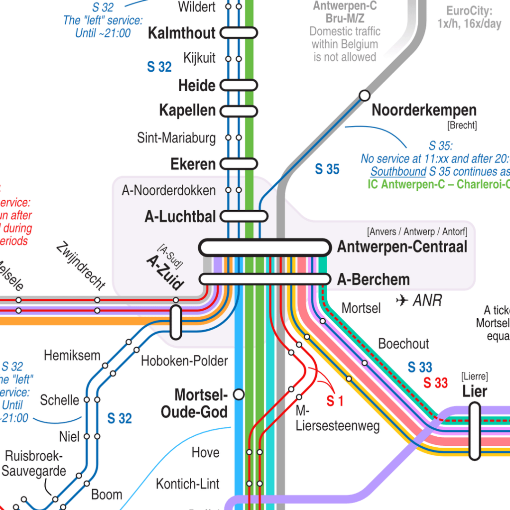 Benelux-Inlands- und grenzüberschreitende Zugnetze 2025 in 8 Karten (hier werden zwei kleine Ausschnitte gezeigt) [engelstalig / anglophone / Englisch]