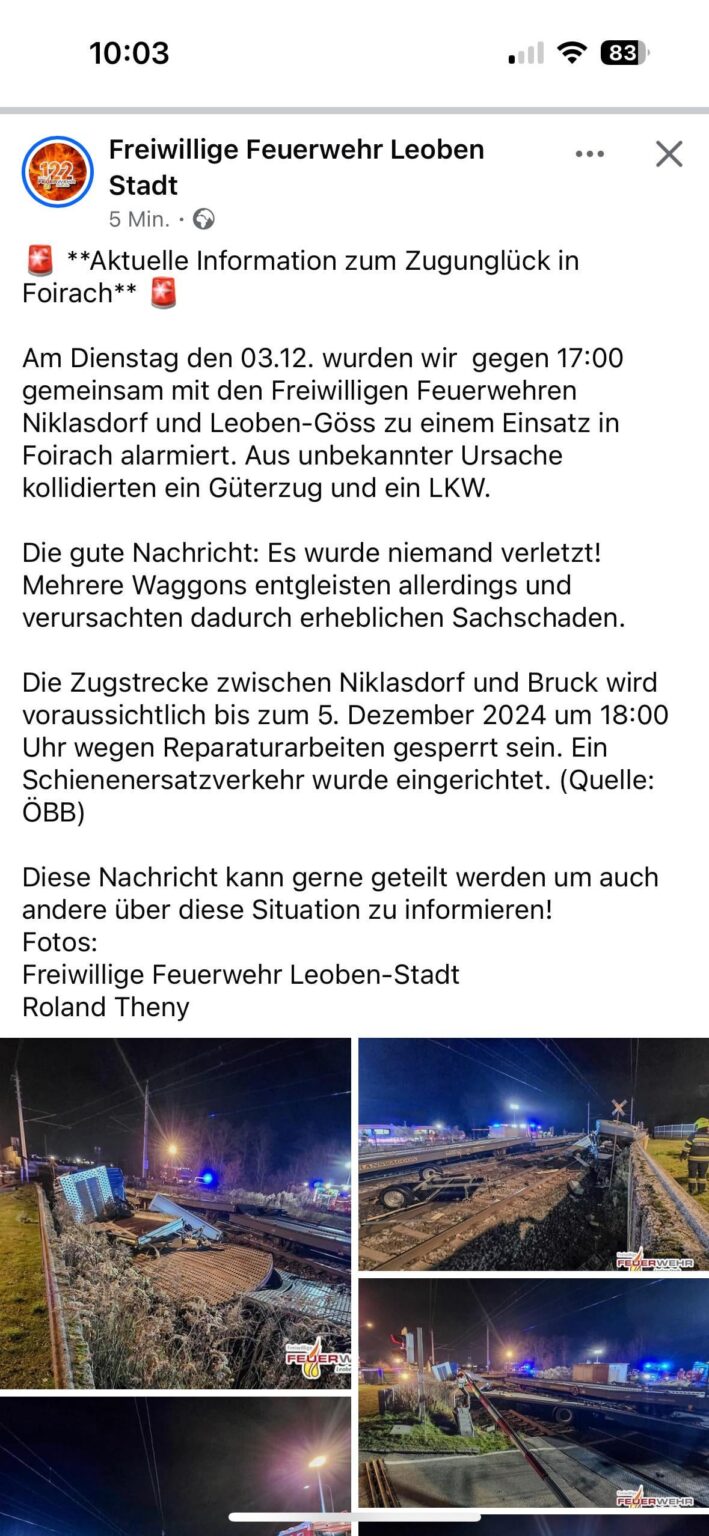 Update bzgl. Sperre Zugstrecke Leoben-Bruck