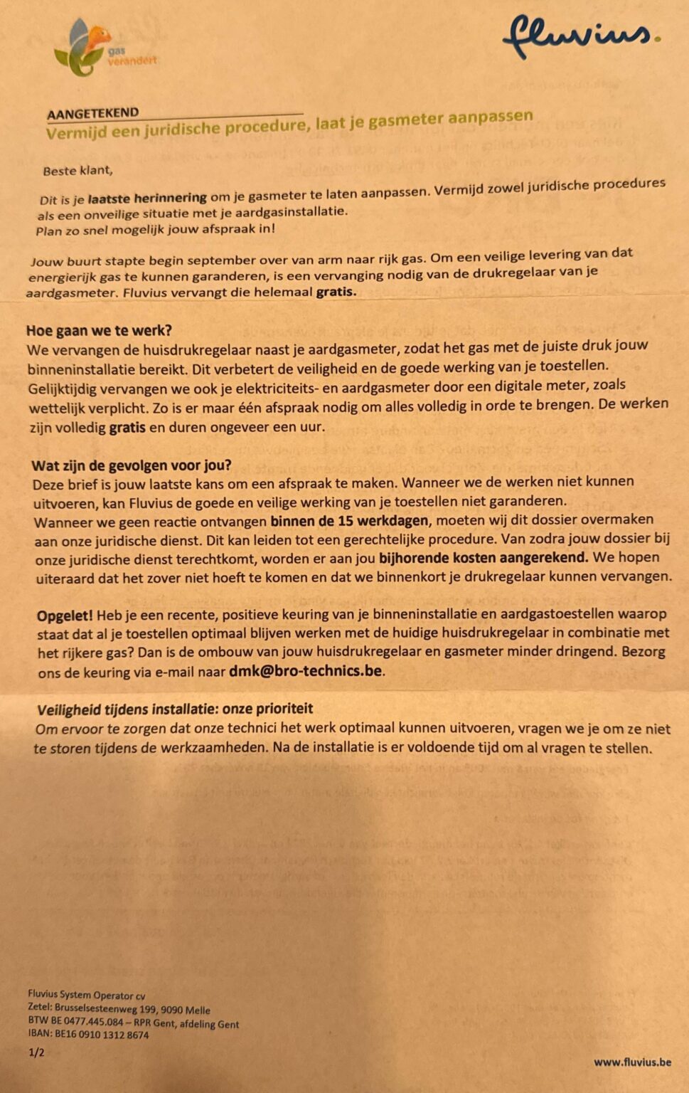 Brief des Fluvius-Subunternehmers „registriert“, aber einfach im Briefkasten gefunden