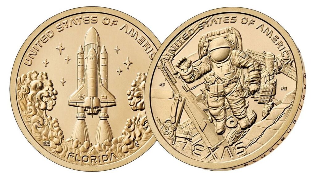 Schauen Sie sich zunächst die Space Shuttle Mission Control 2025-Dollar-Münzen der US Mint an
