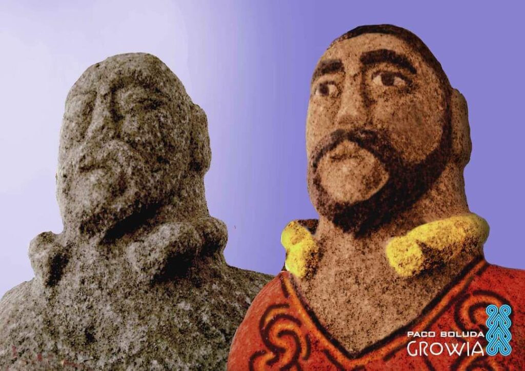 Eine von Paco Boluda angefertigte Rekonstruktion eines möglichen Farbschemas der Gallaeci-Kriegerstatue aus Outeiro de Lesenho, Boticas, Portugal