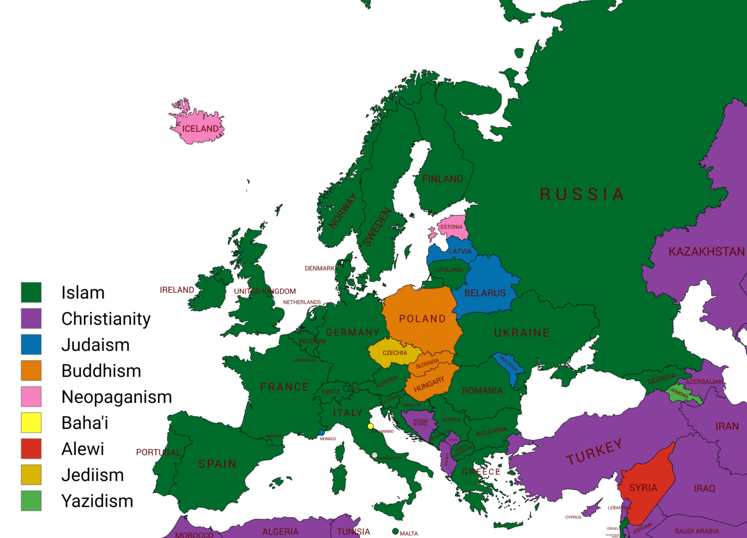Zweitgrößte Religion in europäischen Ländern (Atheismus ausgenommen)
