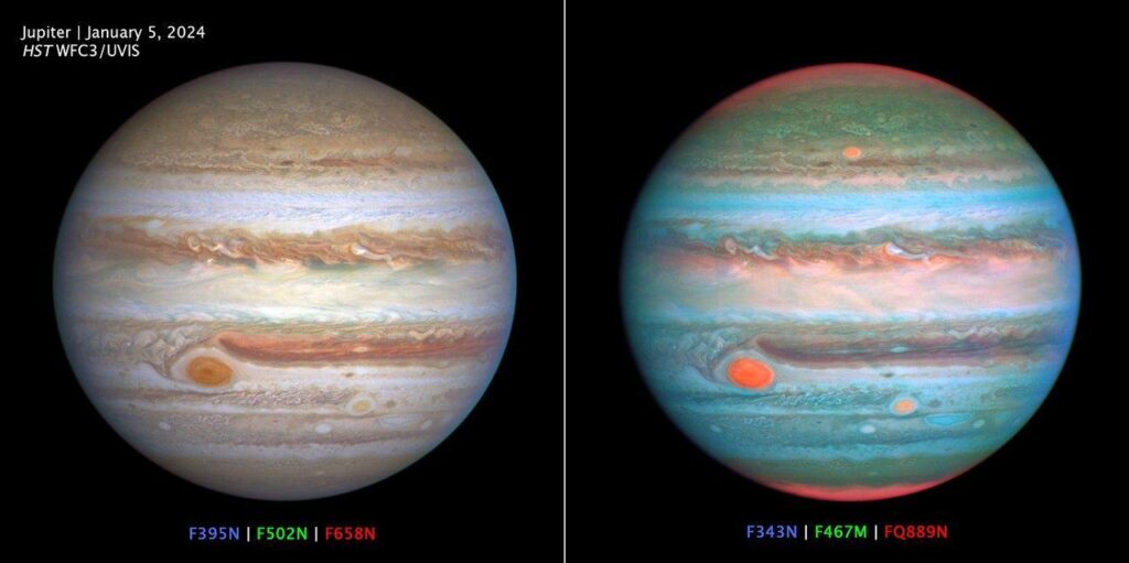 Jupiter, vor einem Jahr. Zwei Bilder mit unterschiedlichen Spektralfiltern auf Hubbles Wide Field Camera 3 (WFC3).
