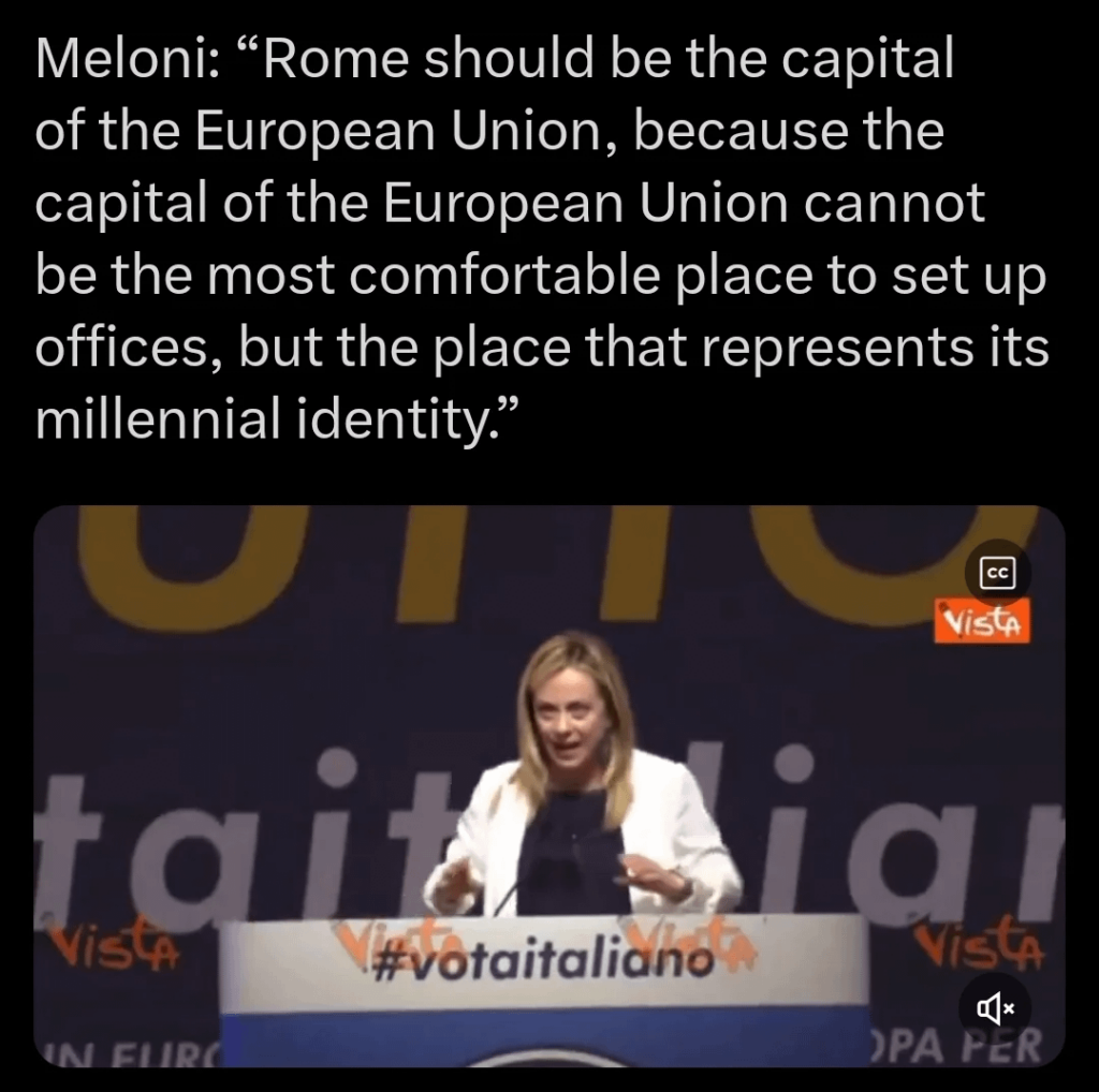 Meloni sagte dies im Jahr 2019 und bezeichnete dies als aktuelle aktive Desinformation, die die EU als dysfunktional hinstellen und eine Spaltung säen solle
