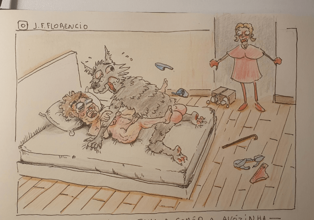 Der große böse Wolf frisst seine Großmutter – Illustration von mir mit einem Uniball-Stift und Buntstiften.