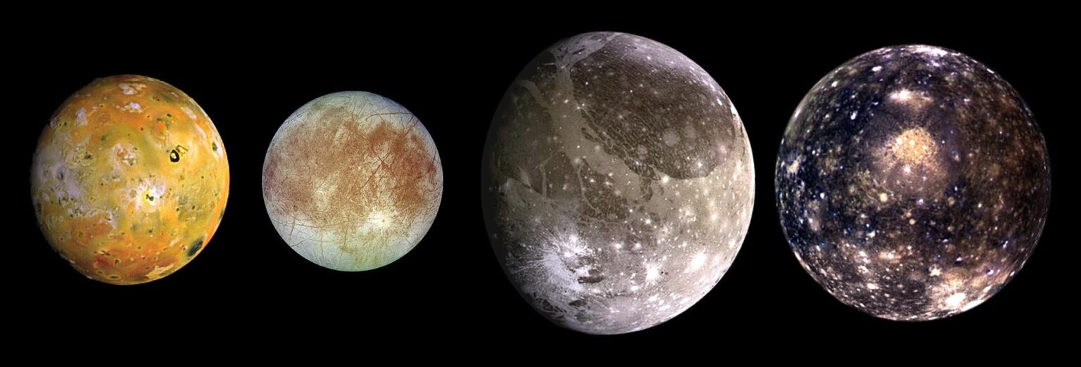 Eine Zusammensetzung der vier größten Jupitermonde, die als Galileische Satelliten bekannt sind. Die Galileischen Satelliten wurden erstmals im Januar 1610 vom italienischen Astronomen Galileo Galilei gesehen. Bild mit freundlicher Genehmigung der NASA/JPL-Caltech Io, Europa, Ganymed und Callisto.