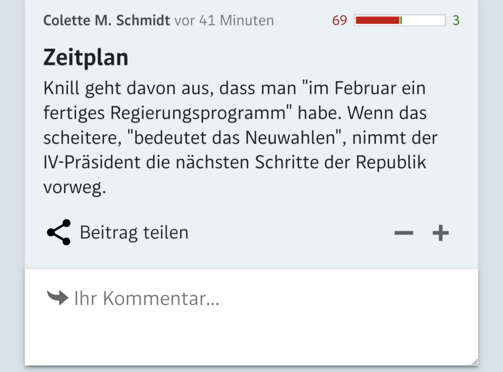 [Standard] wenn es im Februar kein fertiges Regierungsprogramm gibt, kommt es laut IV-Präsident Knill zu Neuwahlen