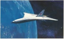 Kunstwerk des horizontal startenden SSTO-Raumflugzeugs Rockwell Star-Raker im Orbit. Mit freundlicher Genehmigung von Boeing.