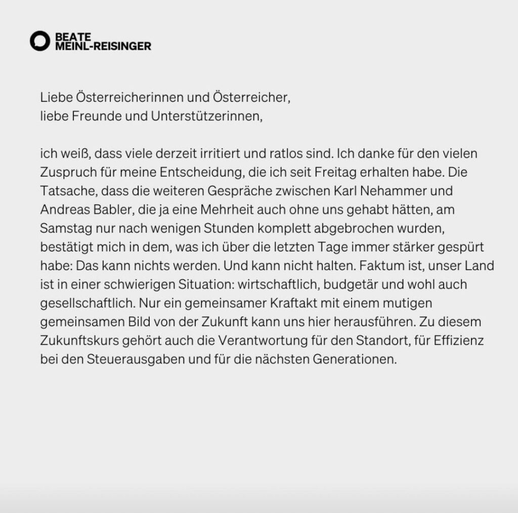 Beate Meinl-Reisingers Stellungnahme zum Abbruch der Koalitionsverhandlungen