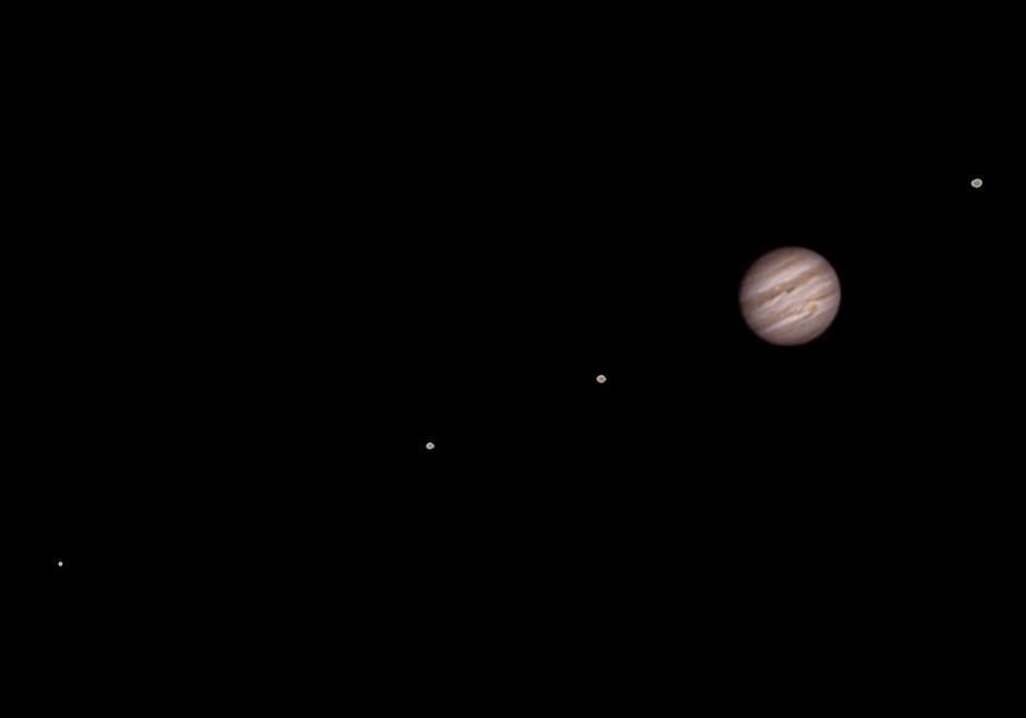Jupiter und seine vier Monde durch ein Teleskop in meinem Garten