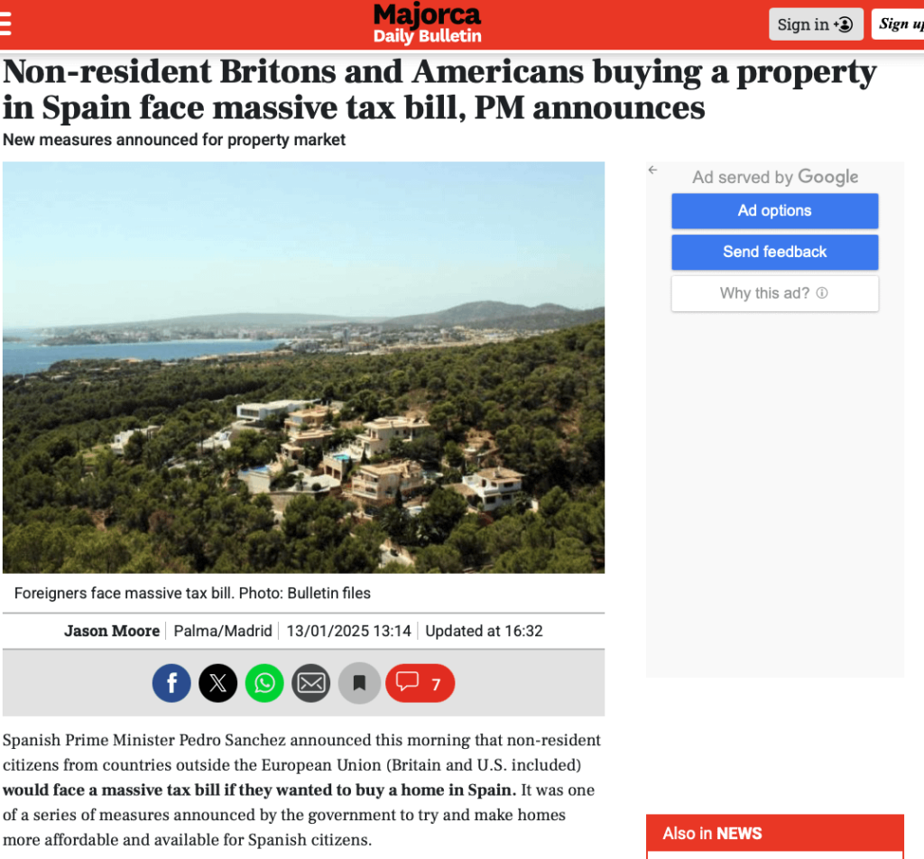 Spanien erhöht die Steuern für Immobilienkäufer aus Nicht-EU-Ländern. Was denken Sie?