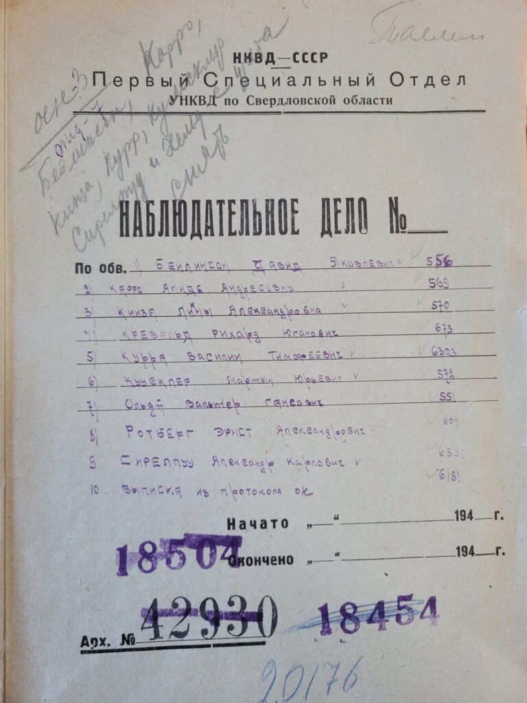Dies ist das Cover der NKVD -Datei, die Dokumente für neun estnische Staatsangehörige enthält, die im Juni 1941 festgenommen und in das Arbeitslager von Sevurallag geschickt wurden.