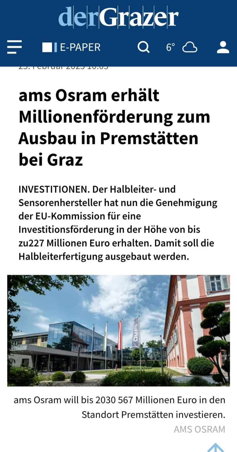 ams Osram erhält Millionenförderung zum Ausbau in Premstätten bei Graz