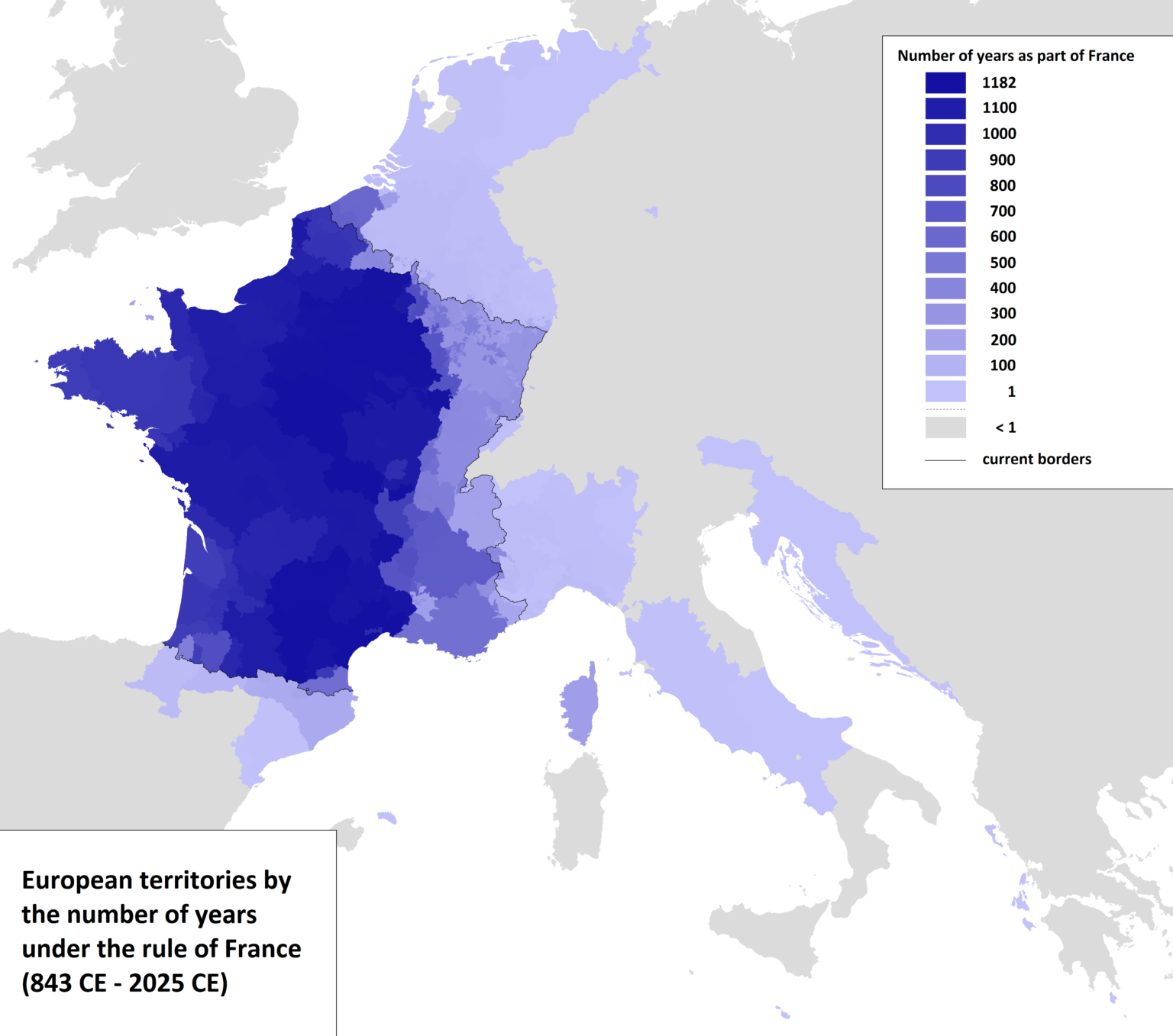Karte der europäischen Gebiete gemäß der Anzahl der unter Frankreich verbrachten Jahre (843-2025) [OC]