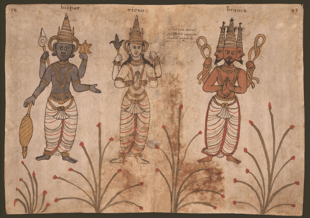 Portugiesische Illustration aus dem Códice Casanatense, der drei Hauptgottheiten darstellt - Dreifaltigkeit des Hinduismus: Vishnu, Shiva und Brahma (ca. 1540)