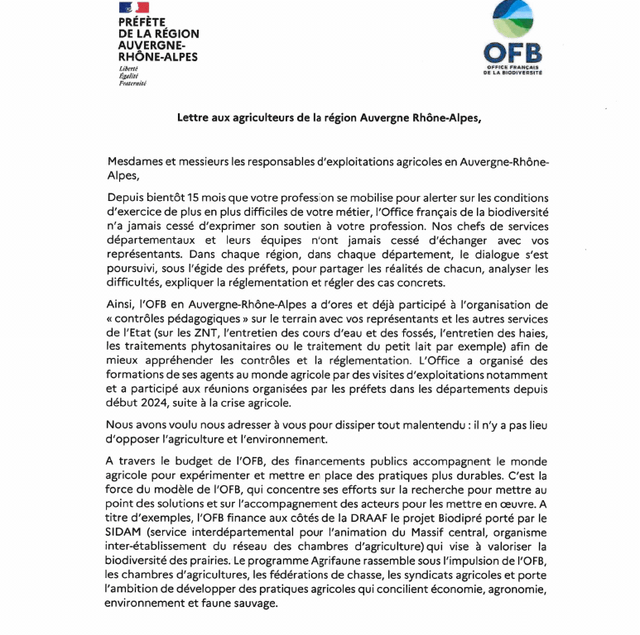 Mail aus der regionalen Präfektur Aura und der Direktor von OFB als Reaktion auf die von Wauquiez, die durch DDT an die Landwirtschaft übertragen wird (mehr Kontext in den Kommentaren)
