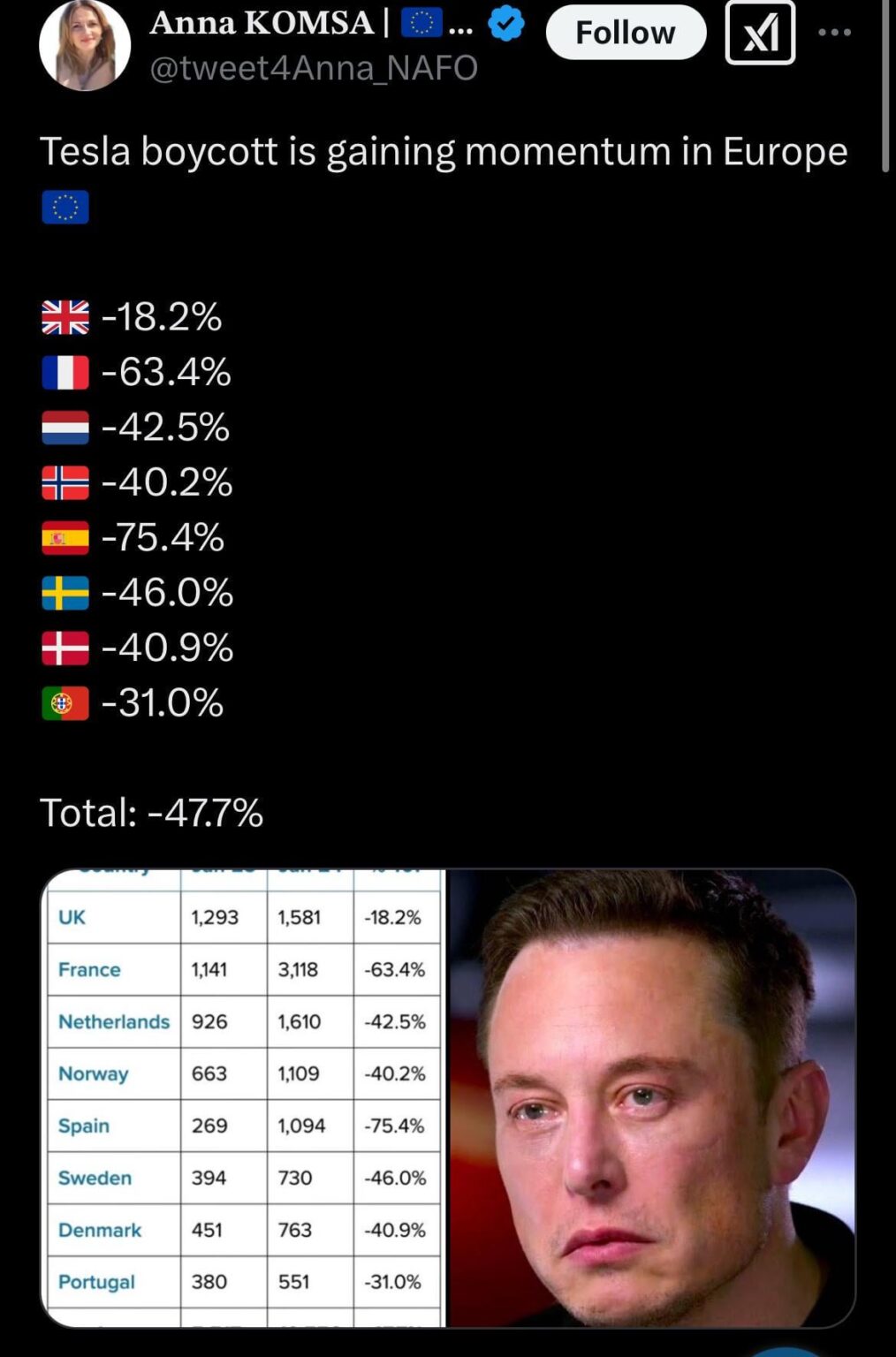 Tesla -Verkäufe in Europa stürzen.