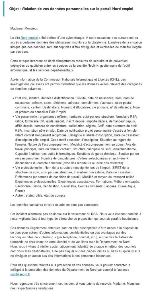 Leck von personenbezogenen Daten aus der Beschäftigungsplattform der nördlichen Abteilung, auf der die RSA -Begünstigten de facto de facto sind