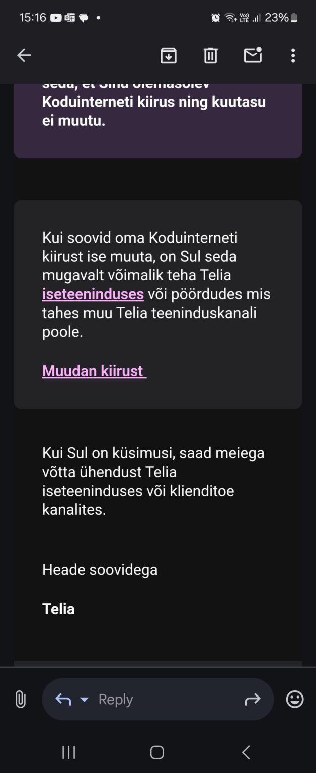 Telia hat diese Nachricht gesendet ... süß? Ändern Sie die Geschwindigkeitsverbindung führt nirgends nirgends