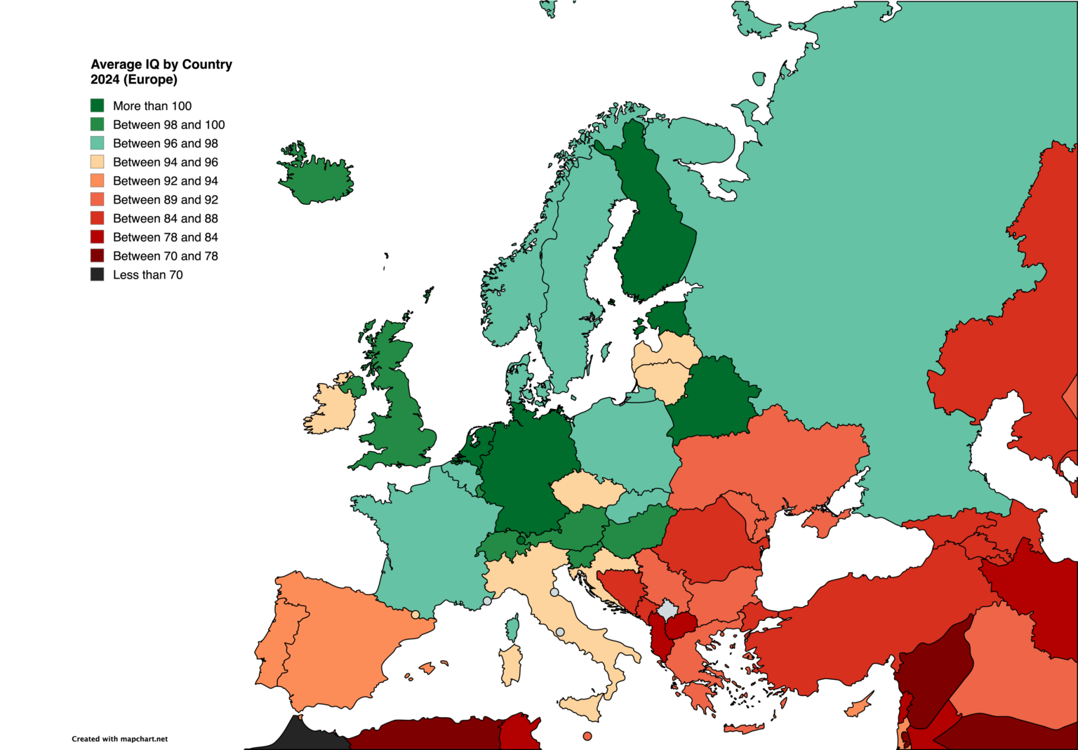Durchschnittlicher IQ von Land 2024 (Europa)