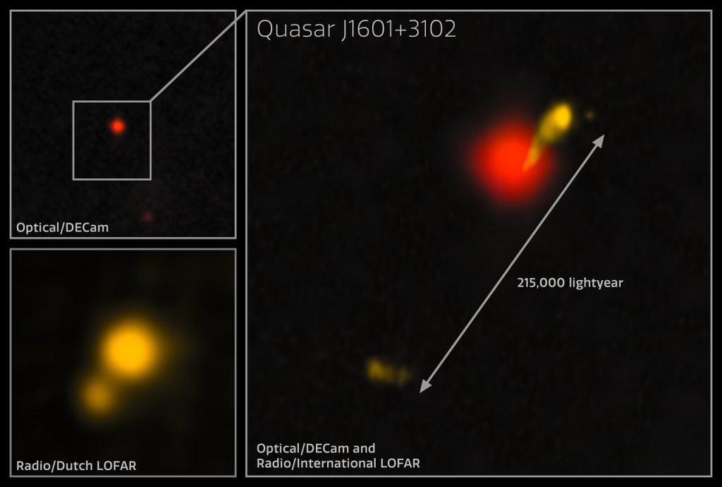 Das europagroße Radio-Teleskop entdeckt den größten und ältesten Schwarzen Lochjet im Universum