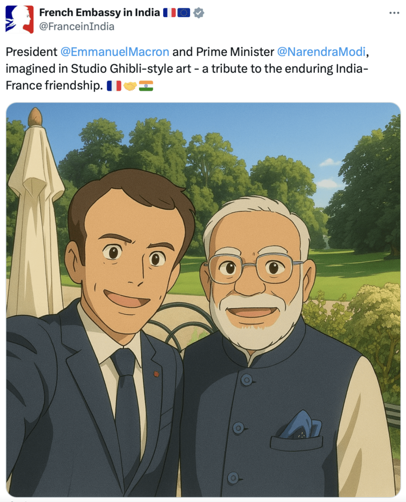 Die französische Botschaft in Indien Posts auf X (Ex-Twitter) Ein Bild, das von AI im Ghibli-Studio-Stil generiert wurde